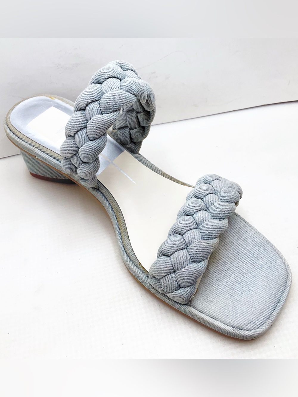 {Dolce Vita} Indy Light Blue Denim Slip On Open Square Toe Woven Straps Sandals - Picture 2 of 14